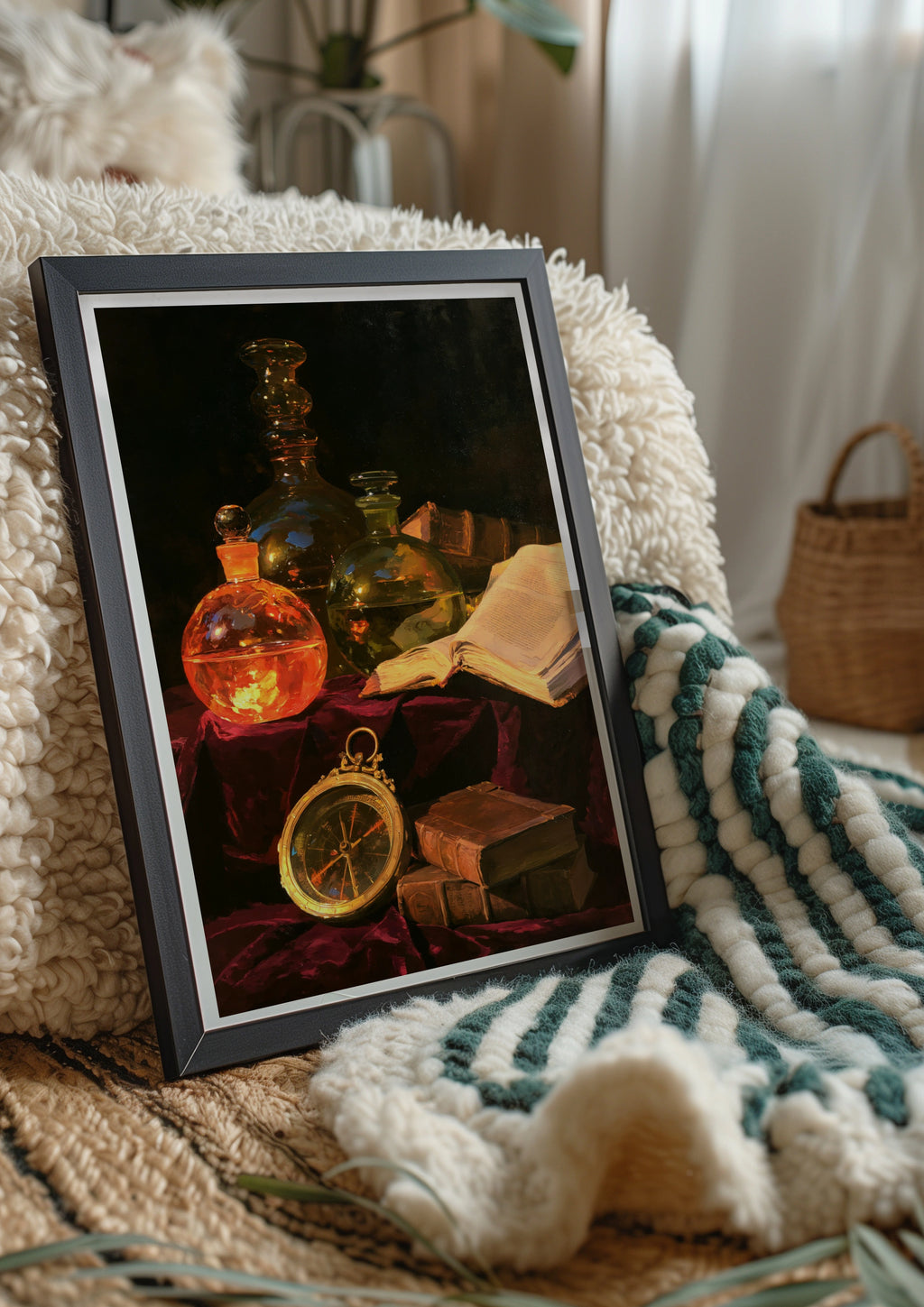 Glass Bottles Books Compass Still Life Poster, Old Masters Oil Painting Style