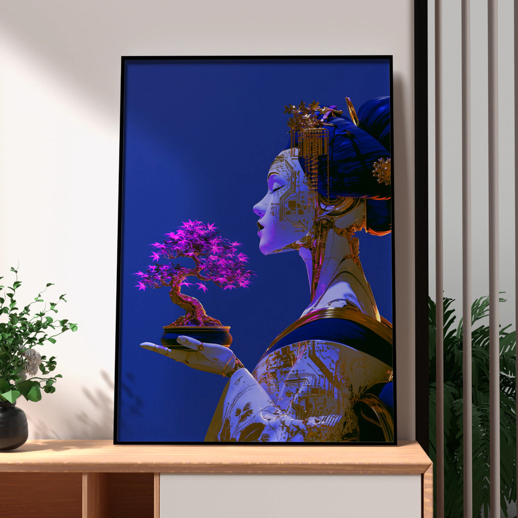 Cyber Geisha Bonsai Poster, Japanese Robot Art Print, Futuristic Blue Gold