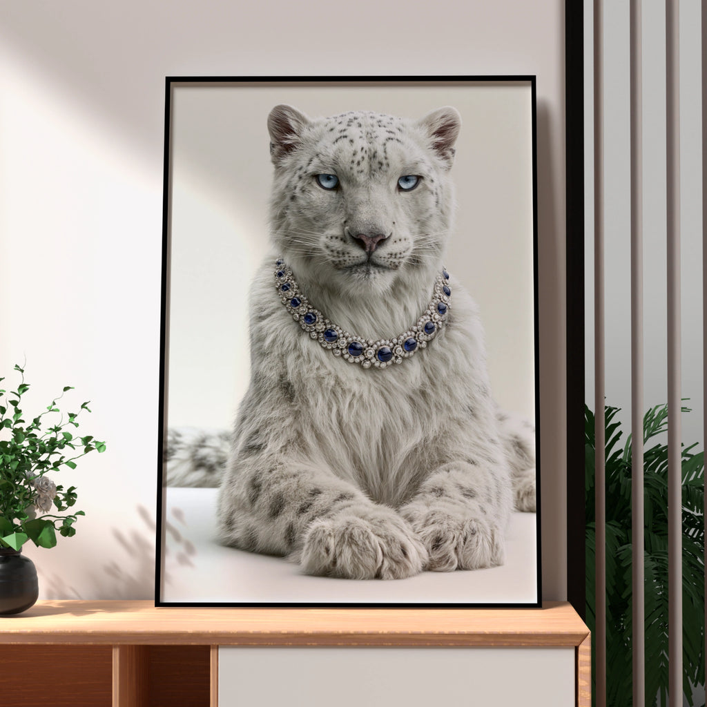 Snow Leopard Sapphire Necklace Wall Art Poster, Luxury Wildlife Print