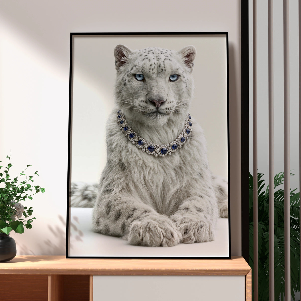 Snow Leopard Sapphire Necklace Wall Art Poster, Luxury Wildlife Print