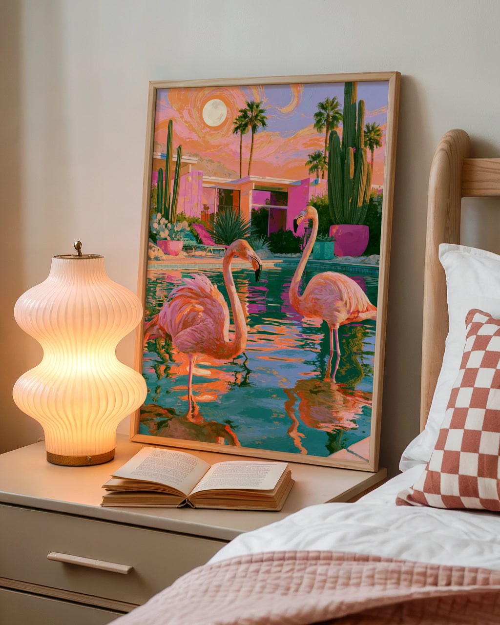 Flamingos Pool Palm Trees Cactus Poster, Mid-Century Desert Art Print