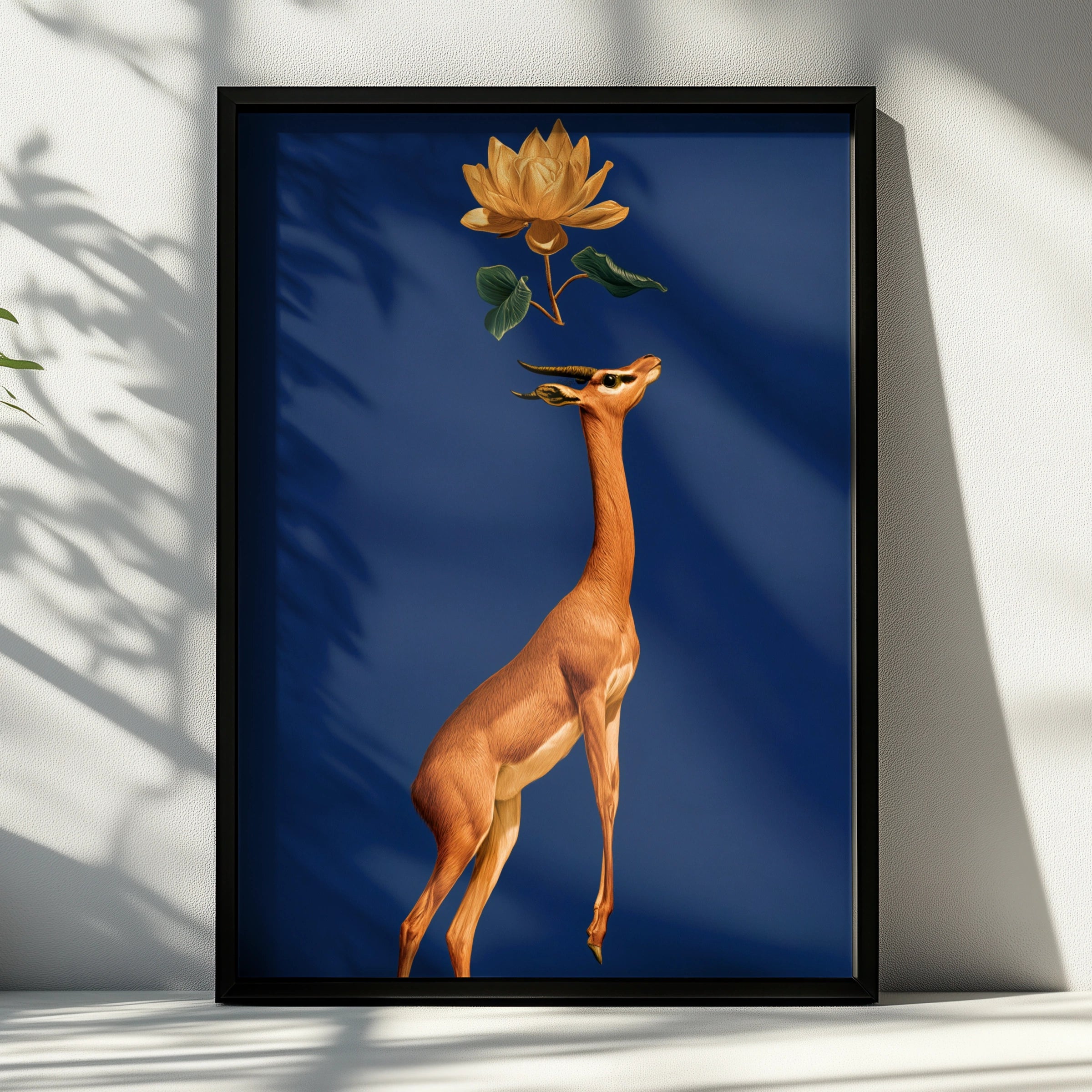 Gerenuk Antelope Lotus Flower Poster, Navy Blue Gold Wildlife Art Print