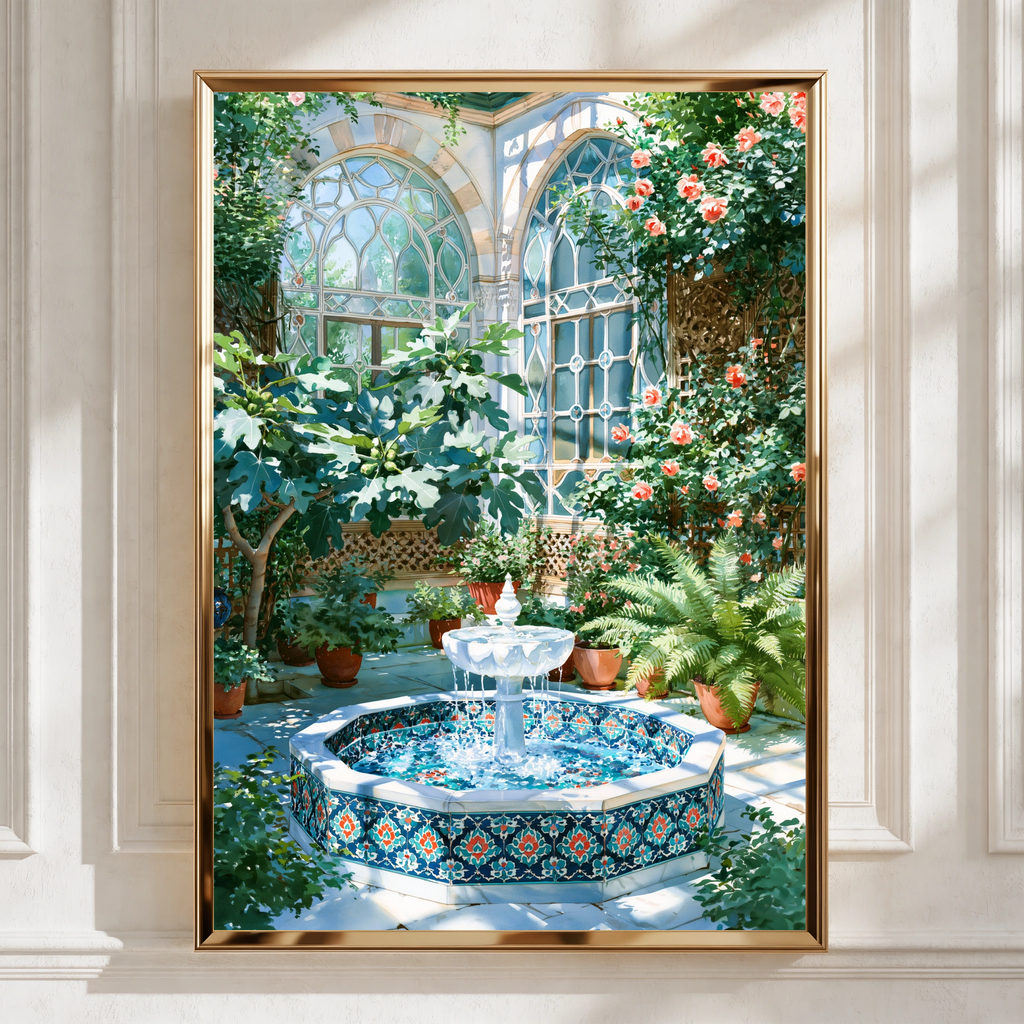 Fountain Courtyard Garden Poster, Moroccan Tile Art Print, Botanical Wall Art