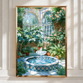 Fountain Courtyard Garden Poster, Moroccan Tile Art Print, Botanical Wall Art