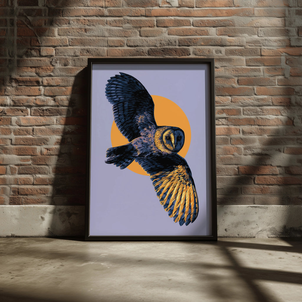 Barn Owl in Flight Poster, Yellow Purple Wildlife Wall Art Print