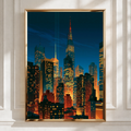 City Skyline Night Poster, Skyscrapers Print, Urban Wall Art, Retro Style