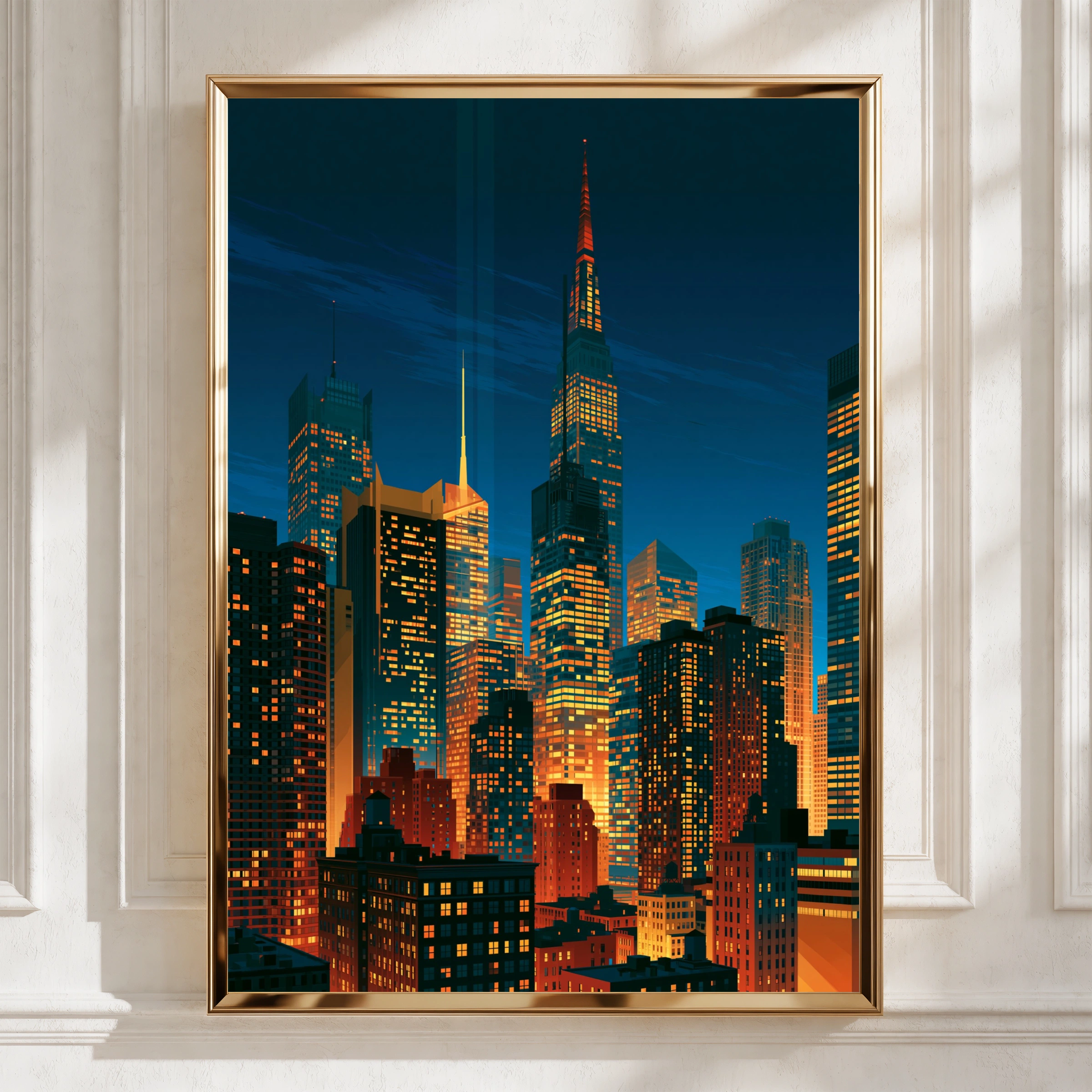 City Skyline Night Poster, Skyscrapers Print, Urban Wall Art, Retro Style