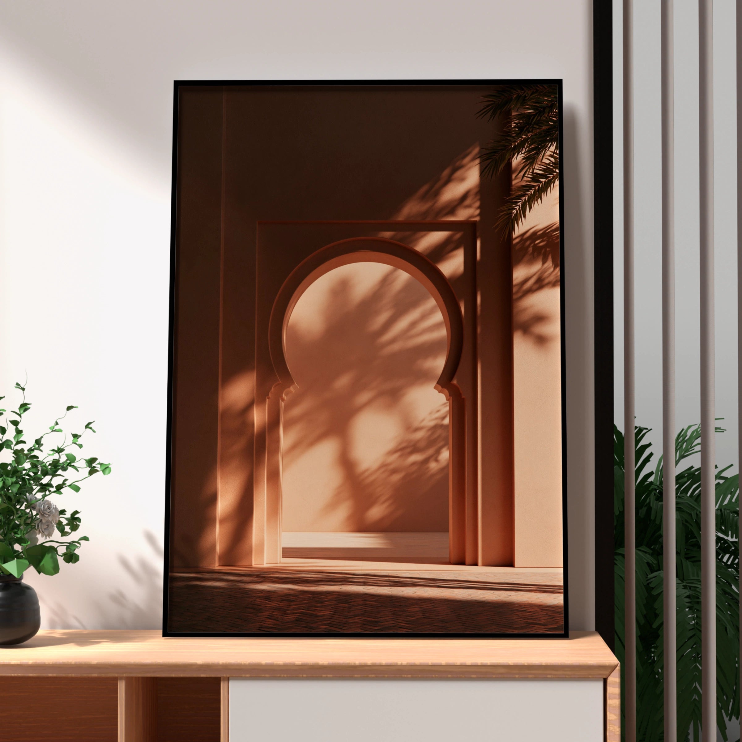 Moroccan Arch Palm Shadow Wall Art Poster, Terracotta Boho Print