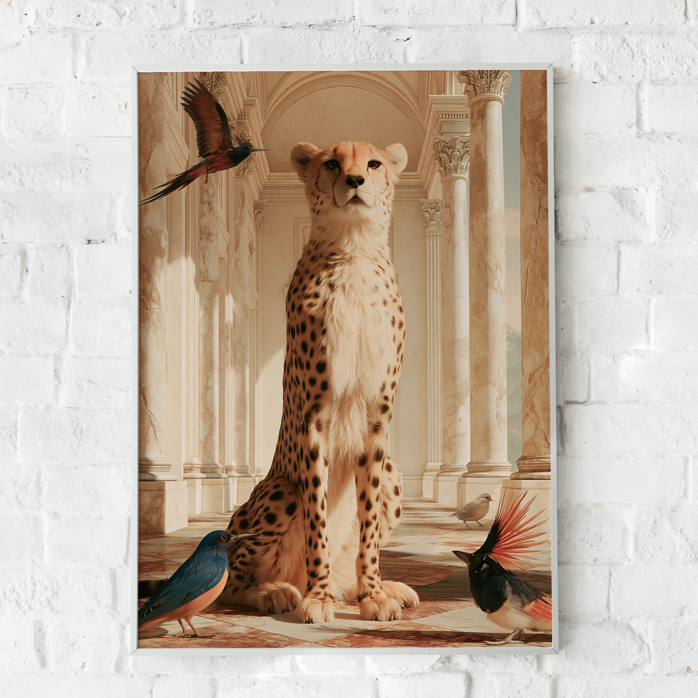 Cheetah & Birds in Marble Hall, Animal Wall Art Poster, Surreal
