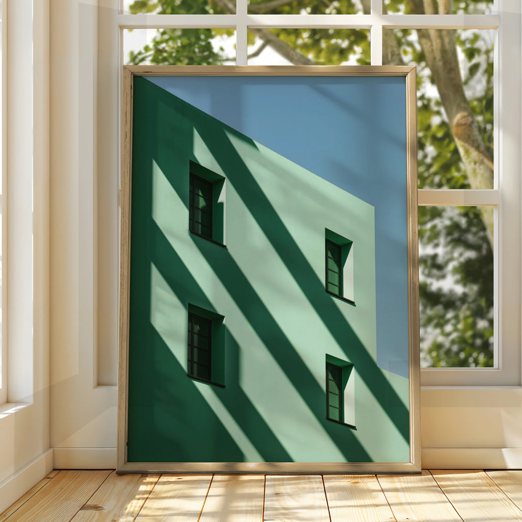 Green Architecture Shadow Poster, Minimalist Building Wall Art, Modern Print