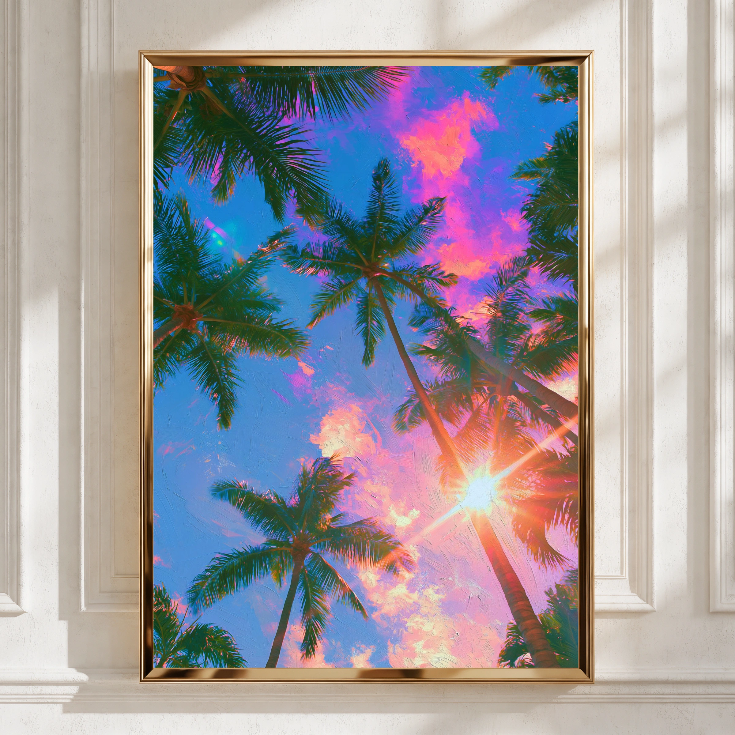 Palm Trees Sun Pink Clouds Poster, Tropical Sky Wall Art, Vibrant Sunset Print
