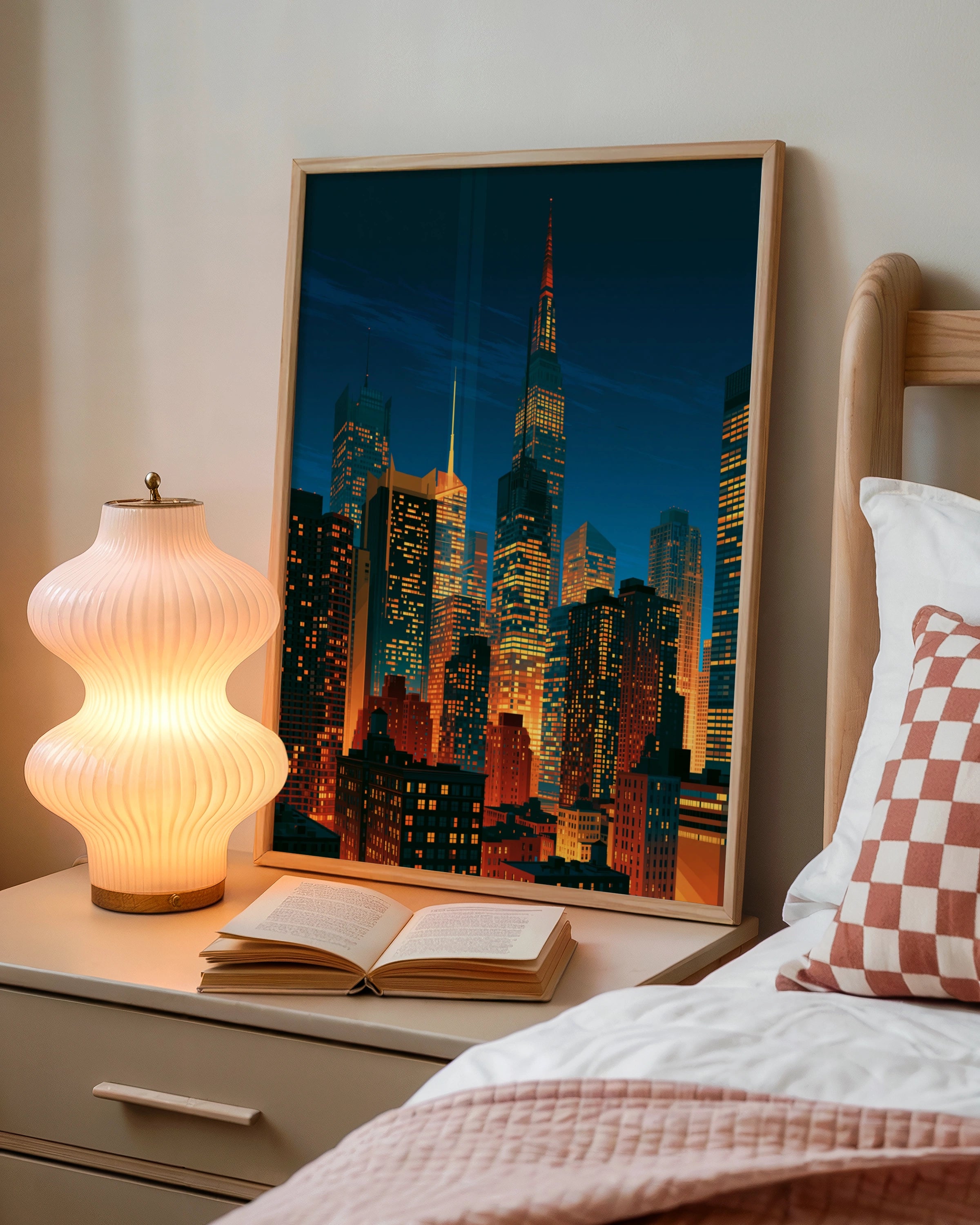 City Skyline Night Poster, Skyscrapers Print, Urban Wall Art, Retro Style