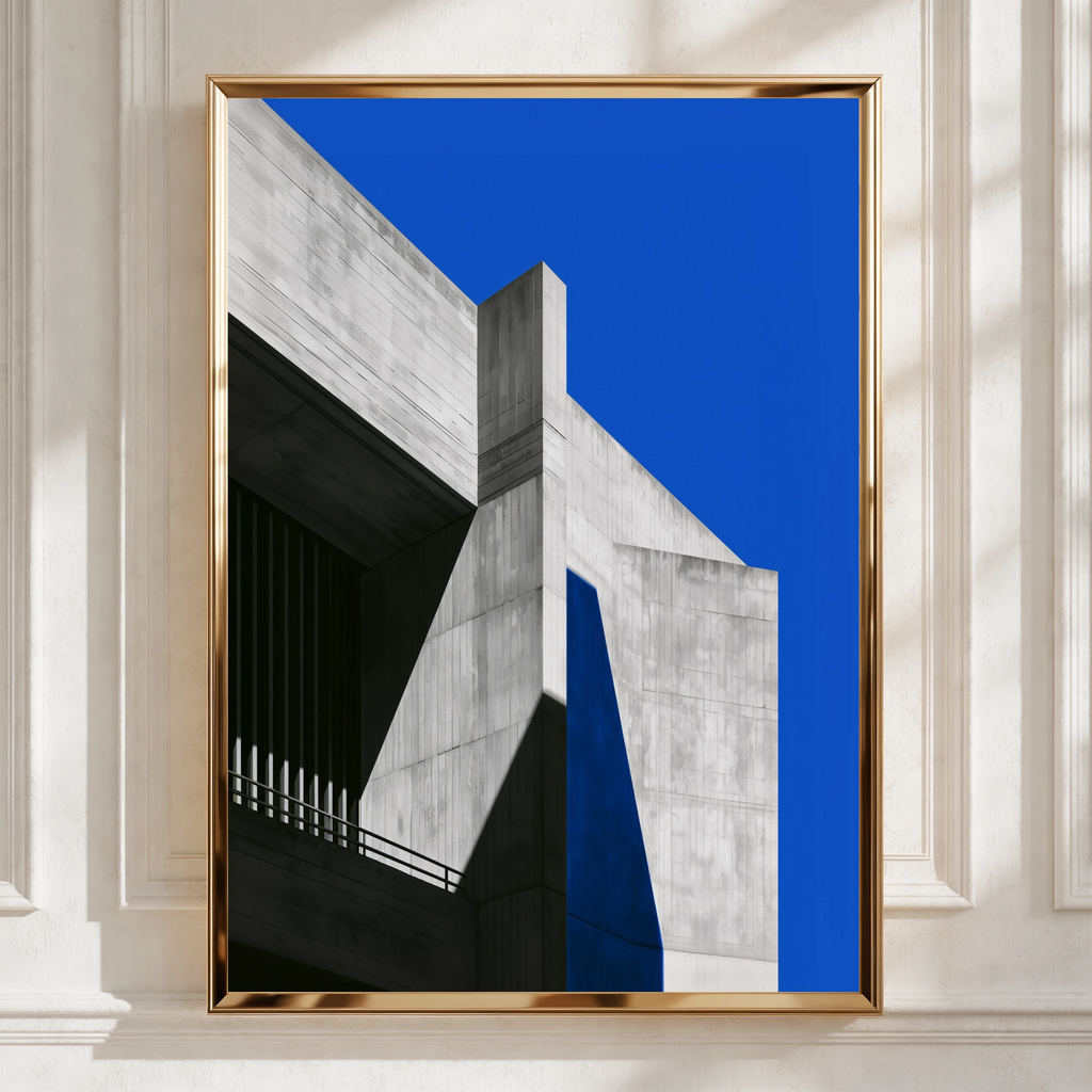 Brutalist Concrete Architecture Poster, Bold Blue Sky, Minimalist Wall Art