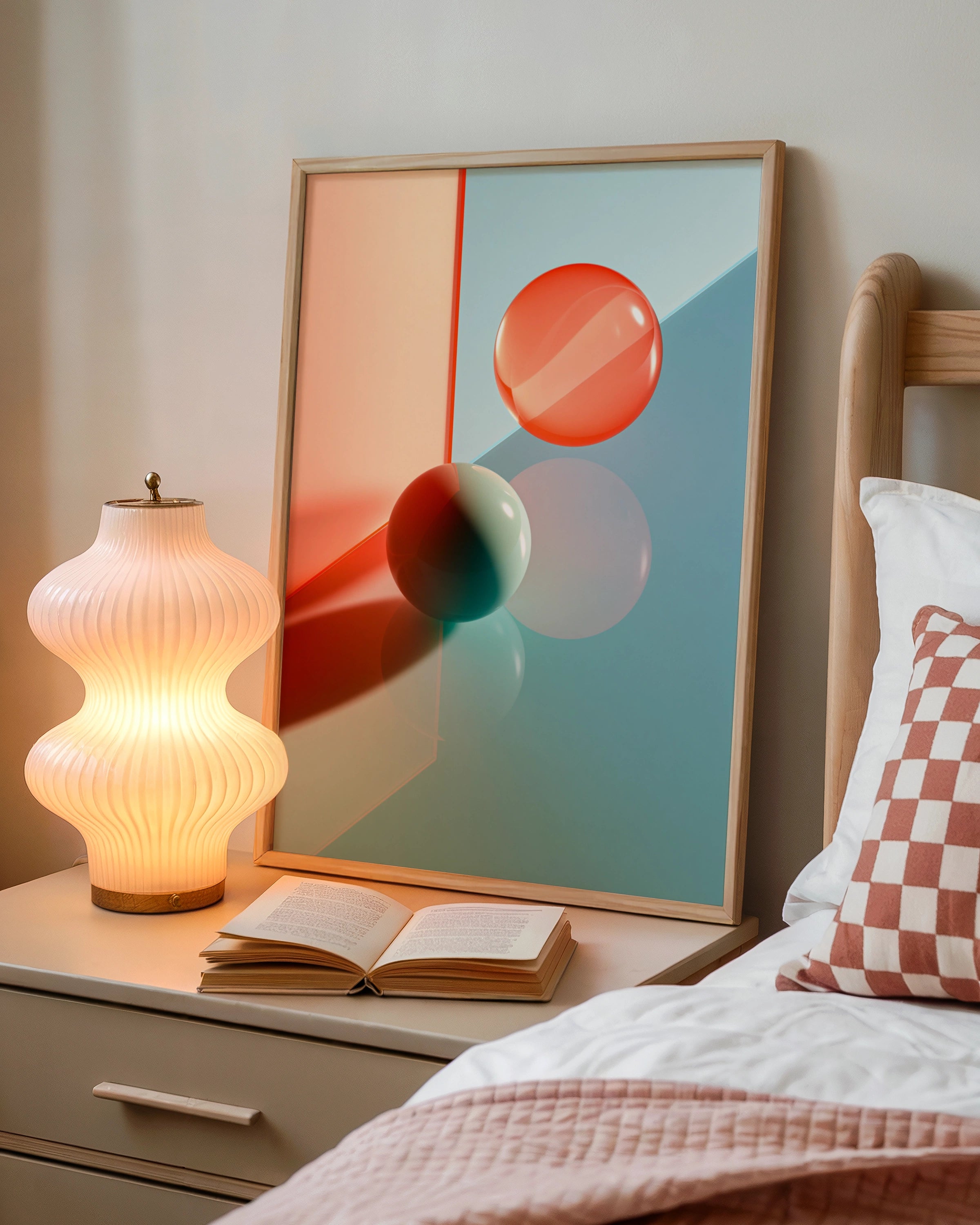 Abstract 3D Shapes Poster, Coral Teal Geometric Spheres, Modern Wall Art Print