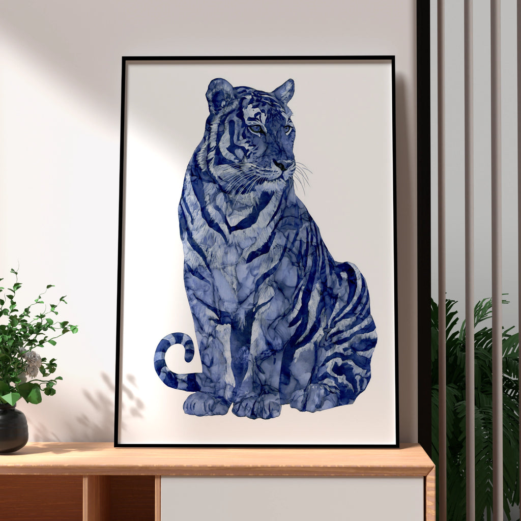 Blue Tiger Abstract Poster, Indigo Watercolour Big Cat Wall Art Print