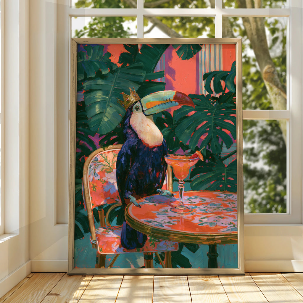 Crowned Toucan Cocktail Table Poster, Tropical Bird Art Print, Bold Maximalist