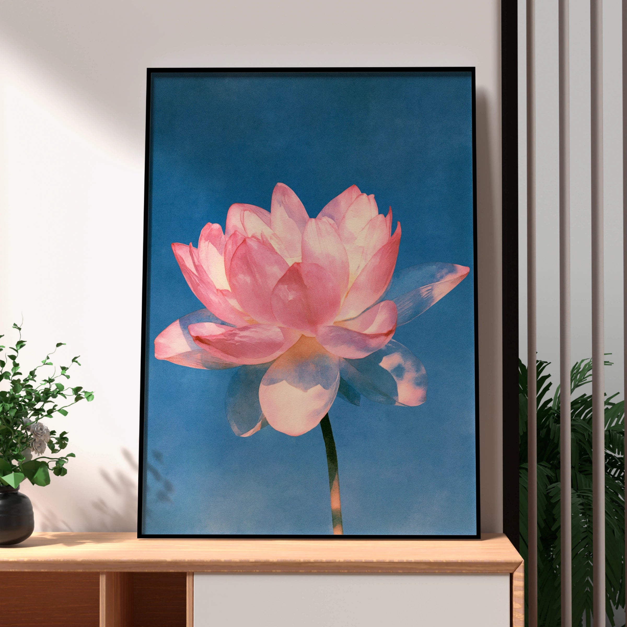 Pink Lotus Flower Poster, Botanical Wall Art, Blue Background, Watercolour Style