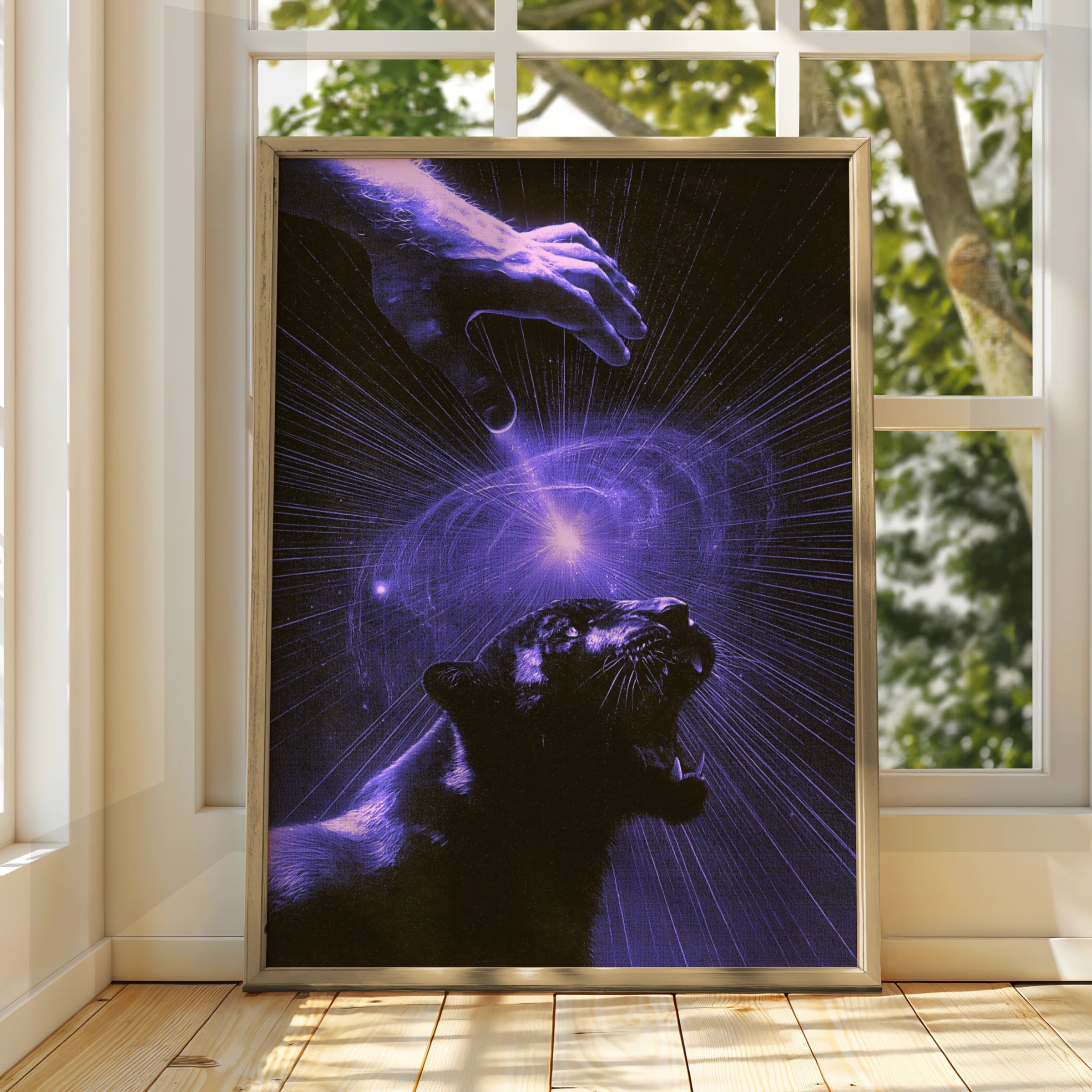 Black Panther Hypnosis Mystical Poster, Purple Energy Art Print, Dark Surreal