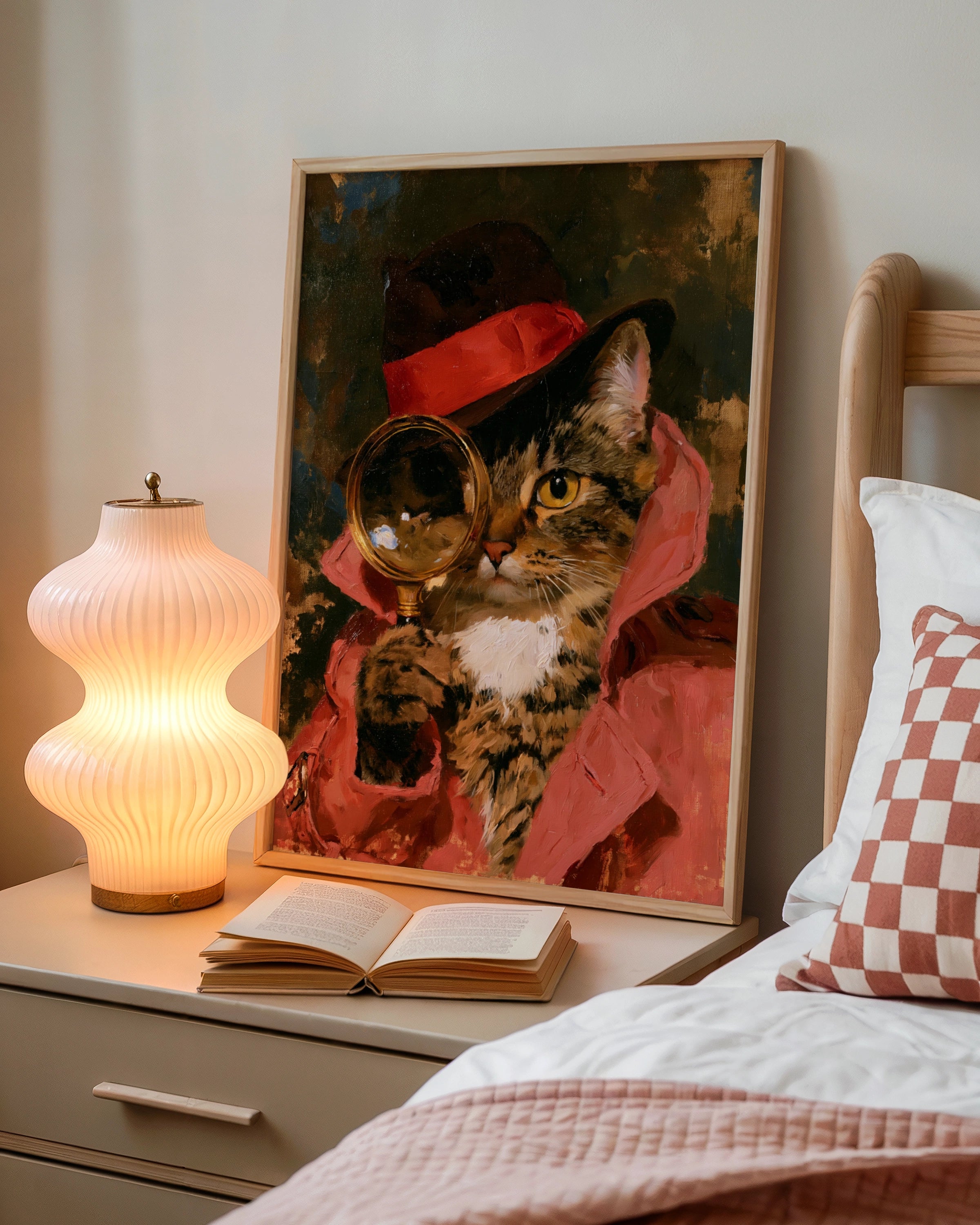 Detective Cat Poster, Magnifying Glass Tabby, Oil Painting Style Art Print