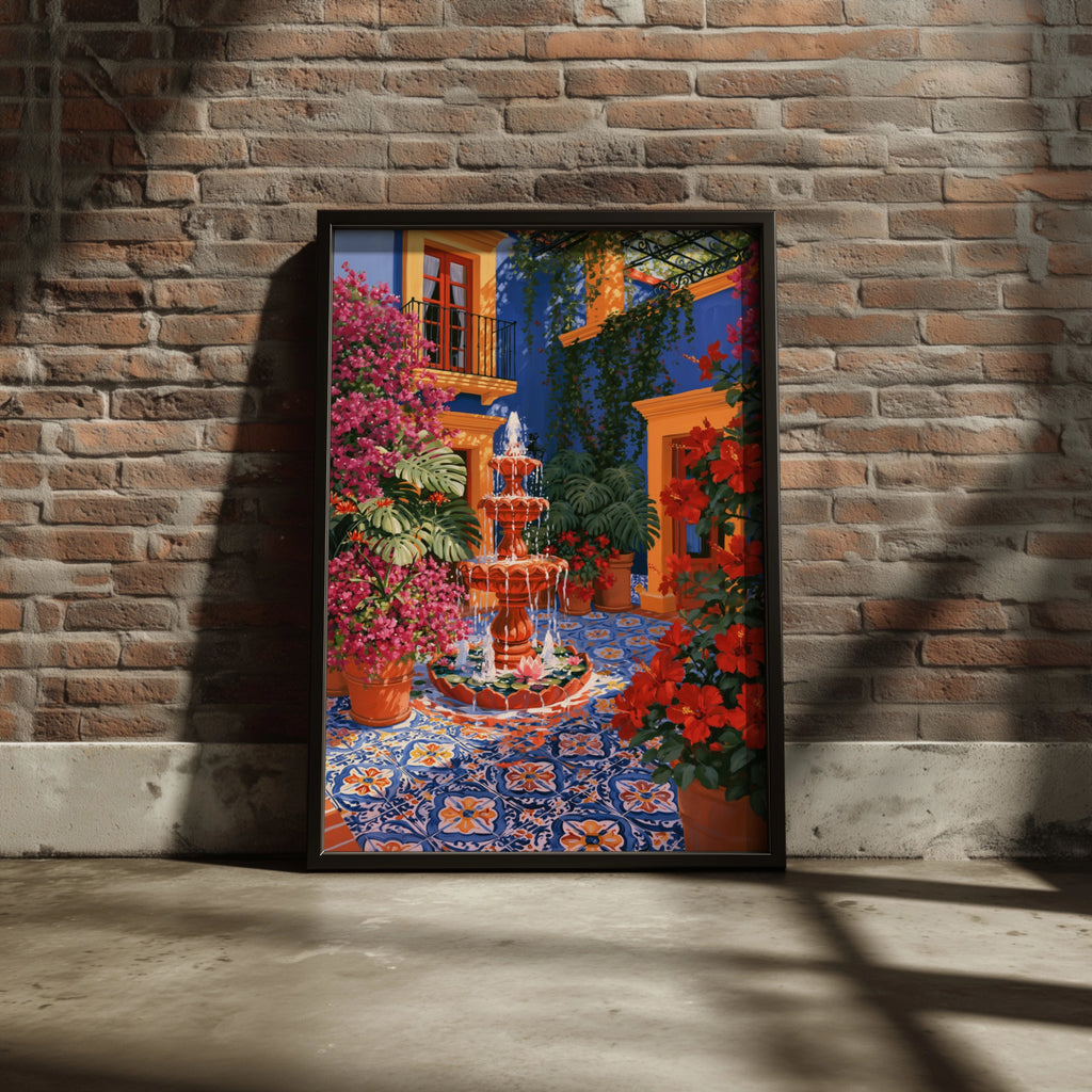 Mexican Courtyard Fountain Wall Art Poster, Colourful Botanical Print