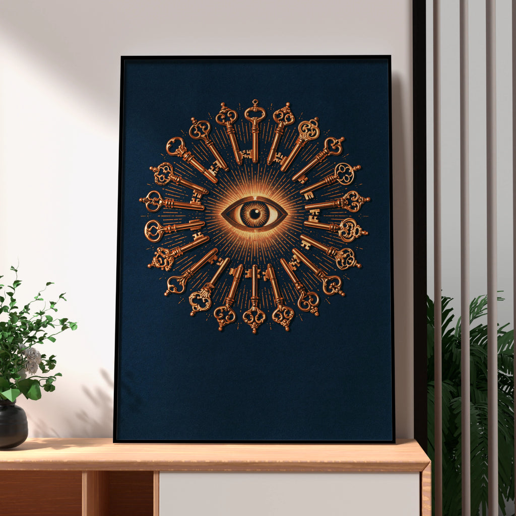 All Seeing Eye Keys Pattern Poster, Mystical Occult Wall Art, Navy Copper