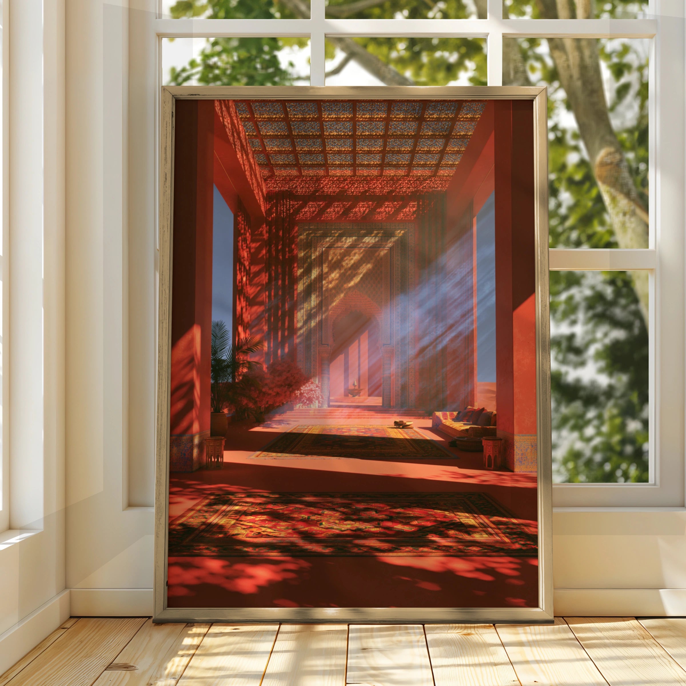 Middle Eastern Hall Poster, Moroccan Architecture Art Print, Warm Red Tones