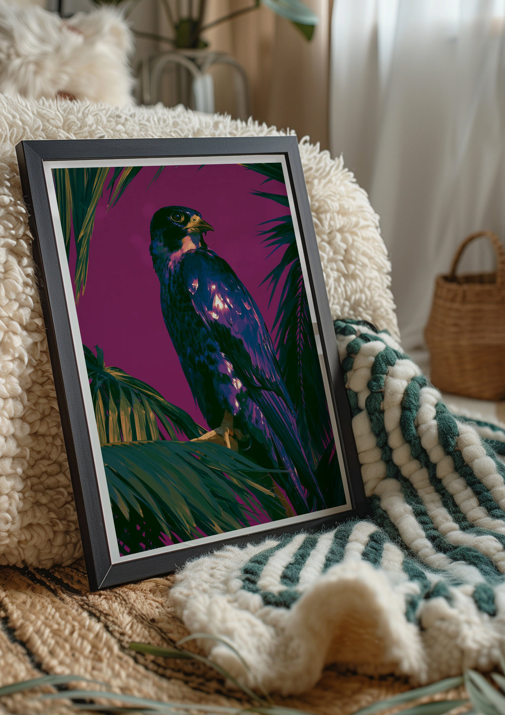 Falcon Purple Wall Art Poster, Bird of Prey Print, Tropical Illustrated Style