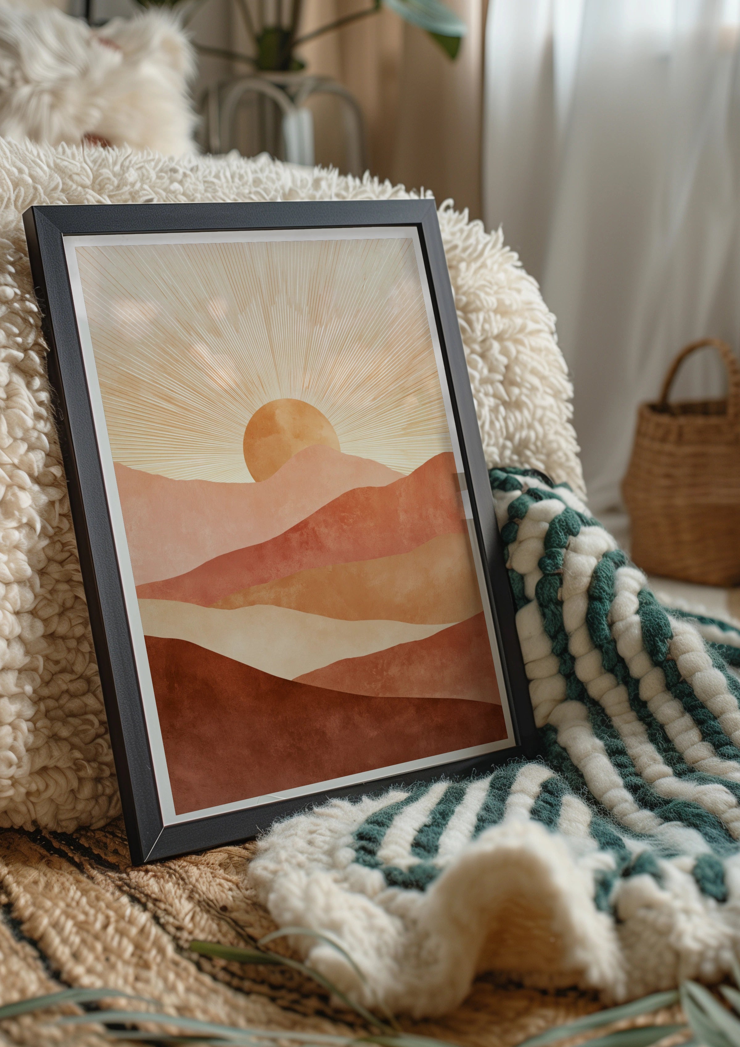 Boho Sun Mountain Poster, Terracotta Desert Landscape Print, Mid Century Wall Art