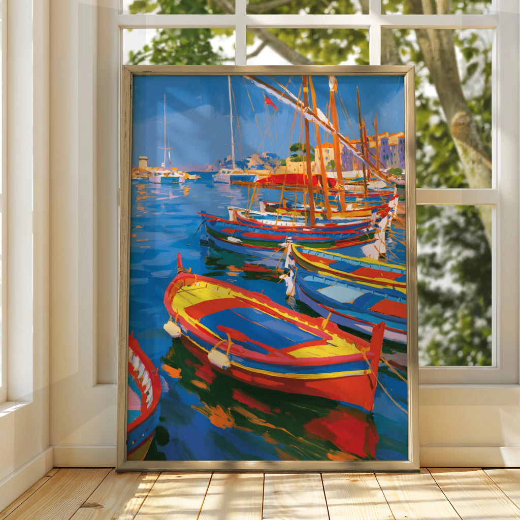 Colourful Boats Harbour Poster, Mediterranean Sailing Art Print, Bold Coastal Wall Art