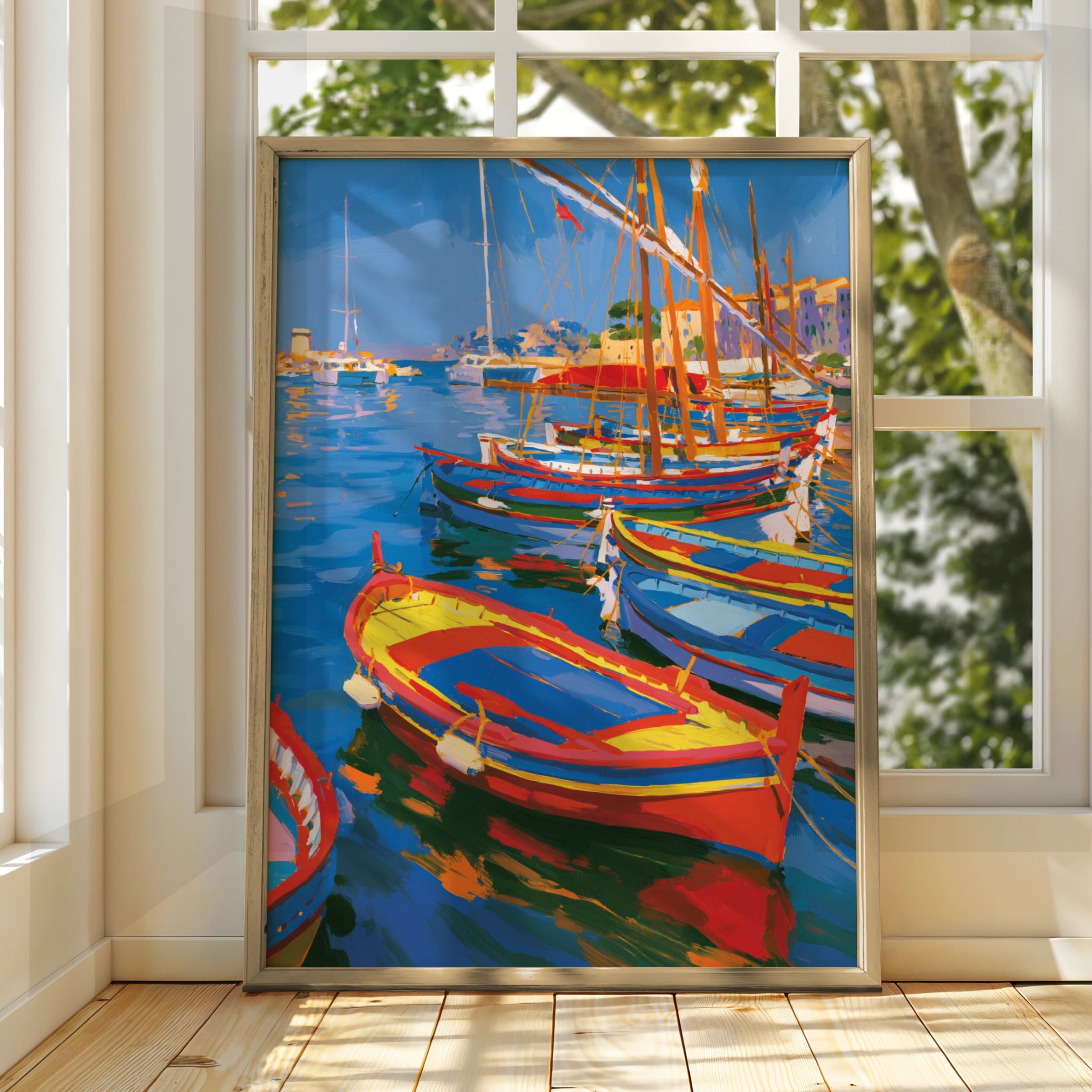 Colourful Boats Harbour Poster, Mediterranean Sailing Art Print, Bold Coastal Wall Art
