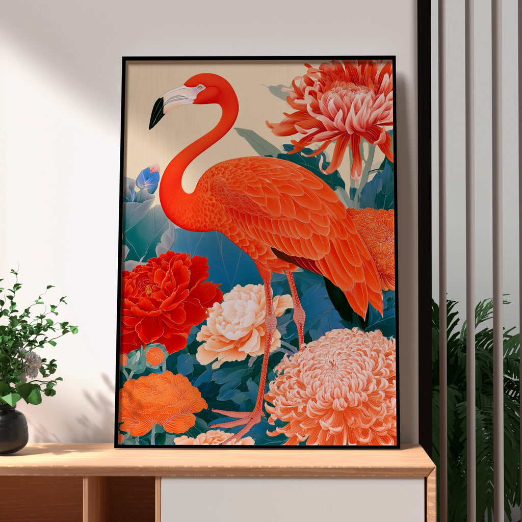Flamingo Japanese Floral Poster, Botanical Bird Art Print, Ukiyo-e Style