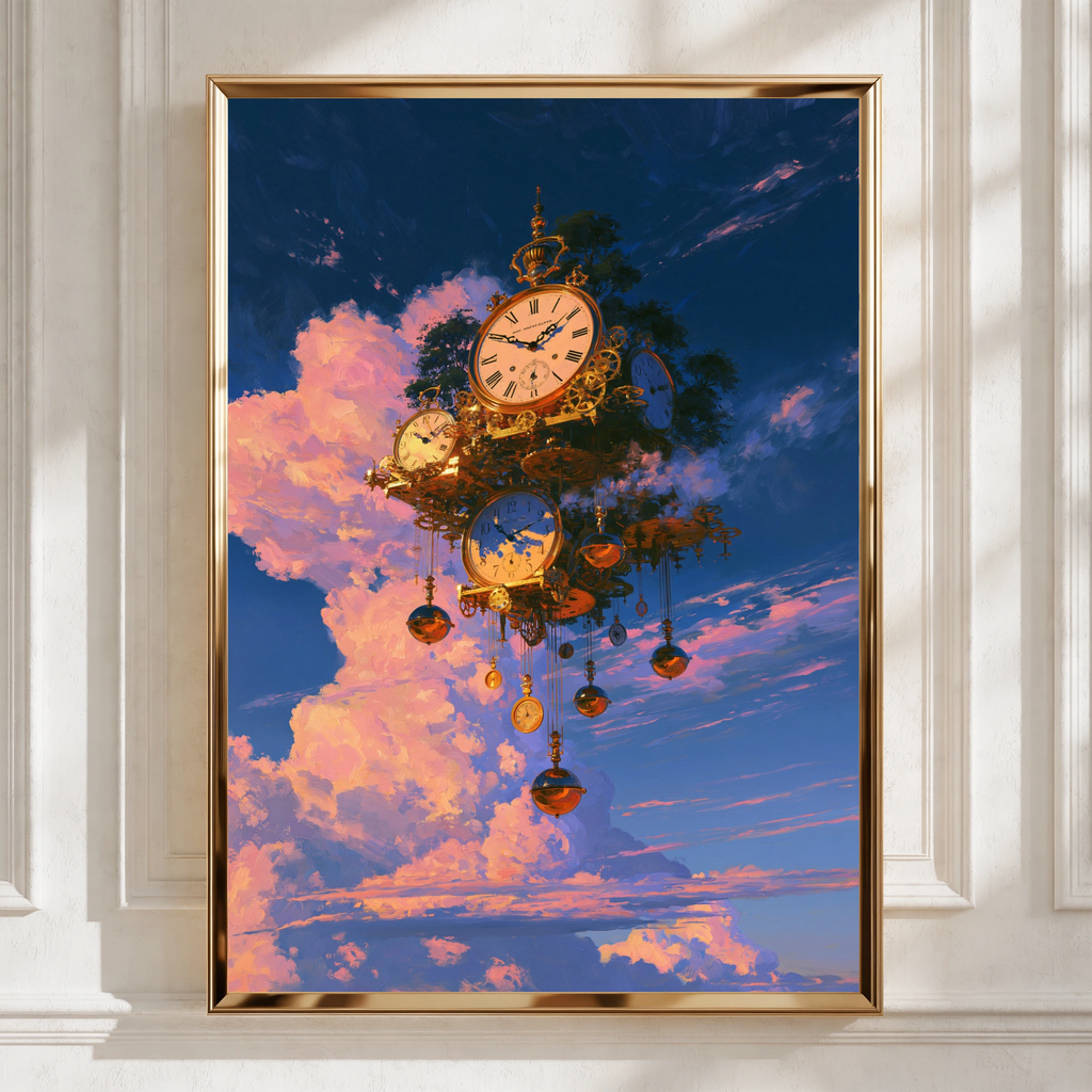 Floating Clock Sky Fantasy Poster, Steampunk Surreal Art Print, Gold Blue
