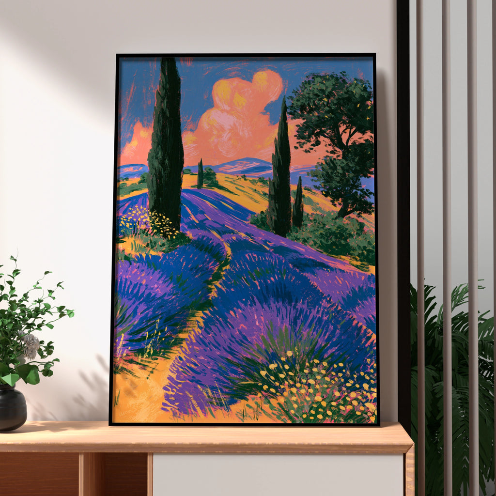 Lavender Fields Poster, Provence France Wall Art, Colourful Landscape Print