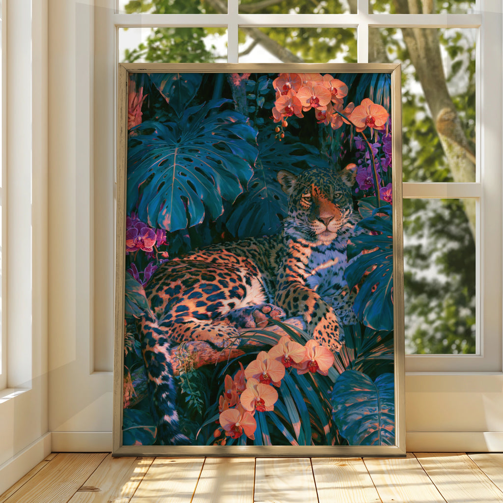 Jaguar Orange Orchids Tropical Jungle Poster, Wild Cat Art Print