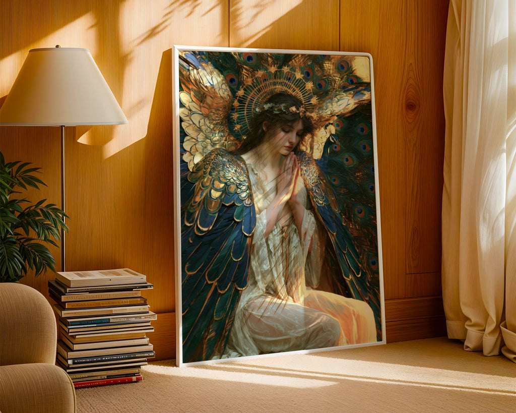 Angel Peacock Feather Wings Wall Art Poster, Pre-Raphaelite Style Print