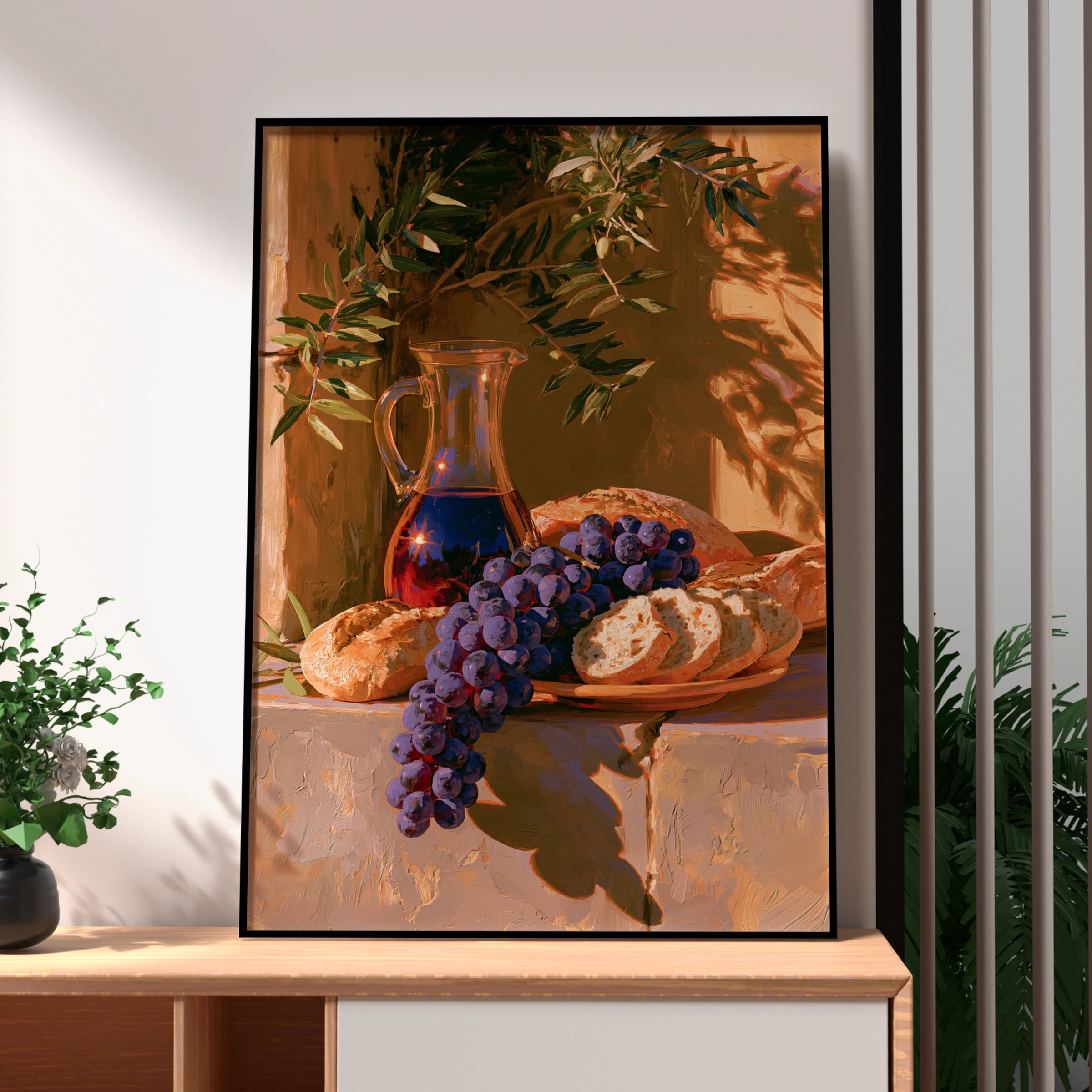 Grapes Wine Bread Still Life Poster, Mediterranean Sunlight, Oil Painting Style