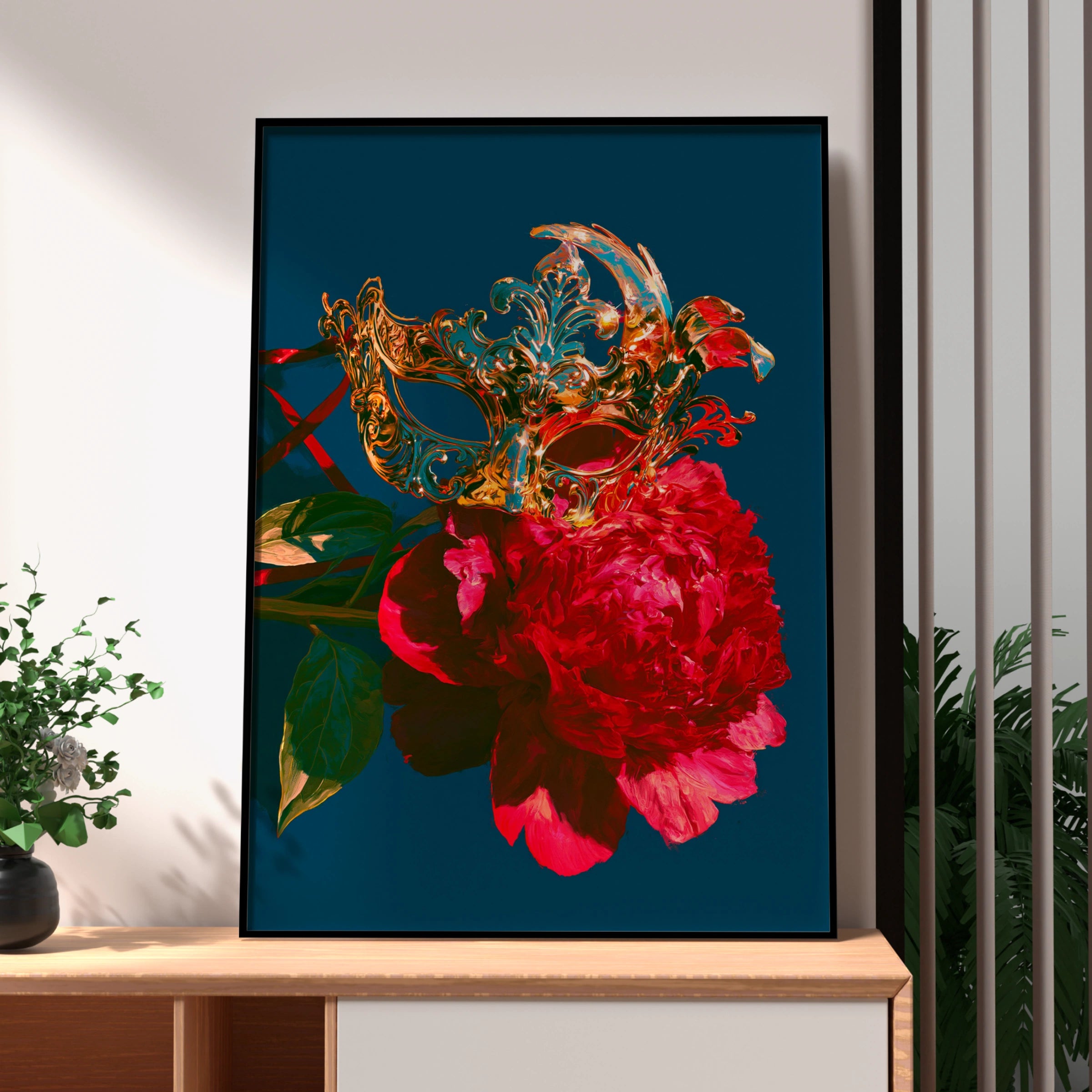 Venetian Mask Rose Wall Art Poster, Gold Masquerade Dark Floral Print