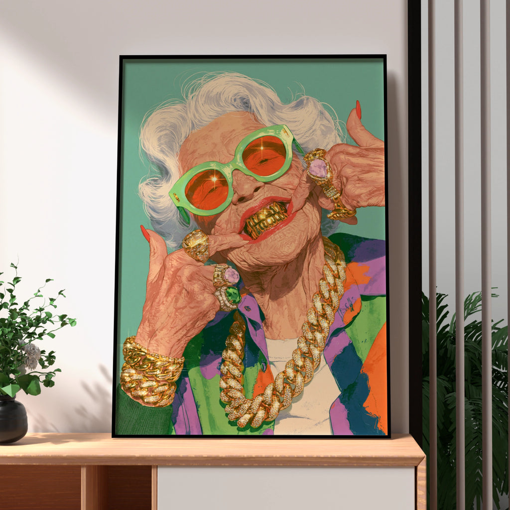 Grandma Grills Poster, Funny Old Lady Gold Teeth, Bold Pop Art Print