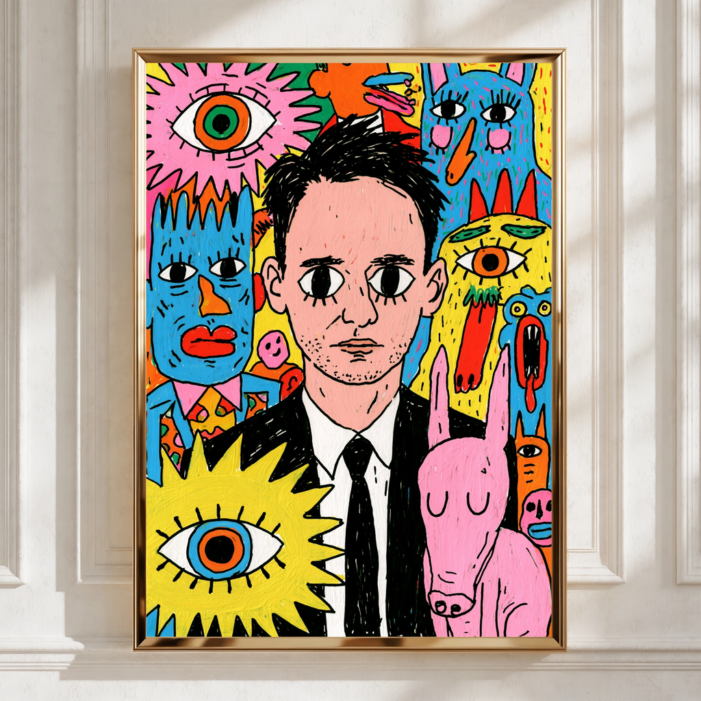 Psychedelic Portrait Drawing Poster, Surreal Monsters, Bold Colourful Wall Art