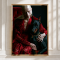 Woman with Dobermann Poster, Red Luxury Fashion Portrait, Dark Dramatic Wall Art