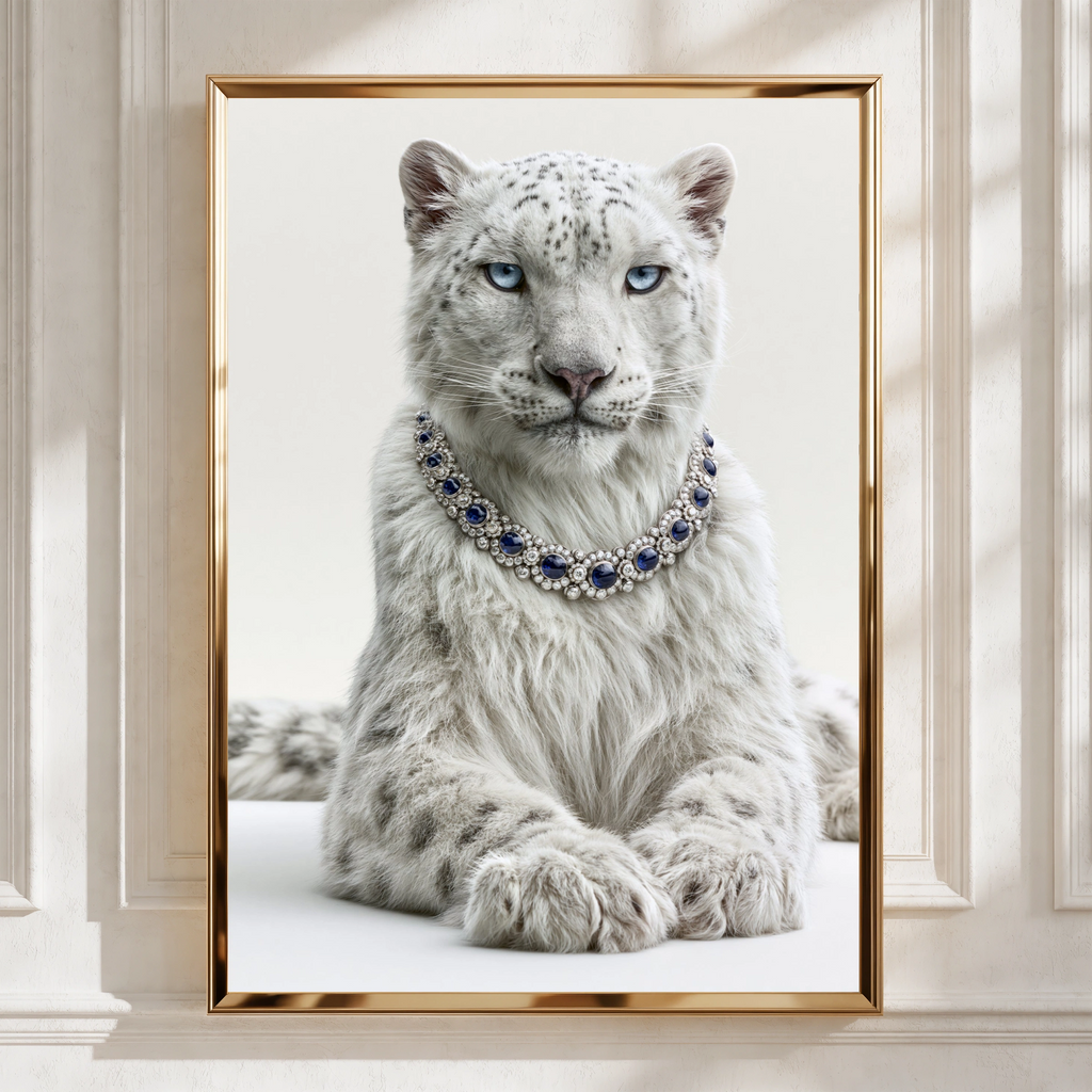Snow Leopard Sapphire Necklace Wall Art Poster, Luxury Wildlife Print