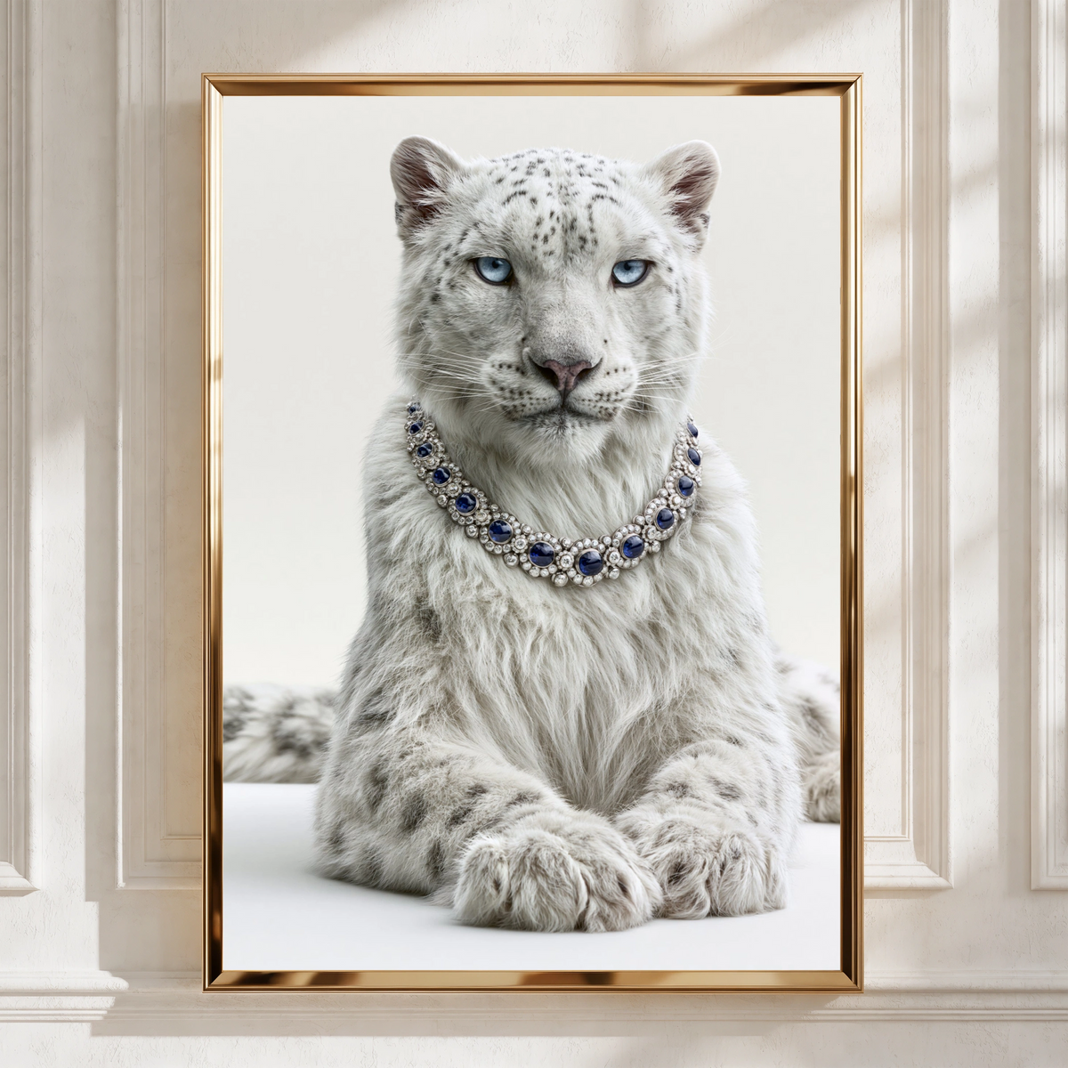 Snow Leopard Sapphire Necklace Wall Art Poster, Luxury Wildlife Print