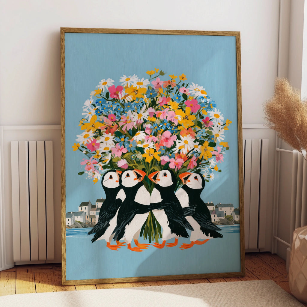 Puffins Bouquet Wall Art Poster, Floral Bird Print, Colourful Coastal Illustration