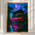 Japan Cyberpunk Night City Poster, Neon Tokyo Street Art Print, Futuristic