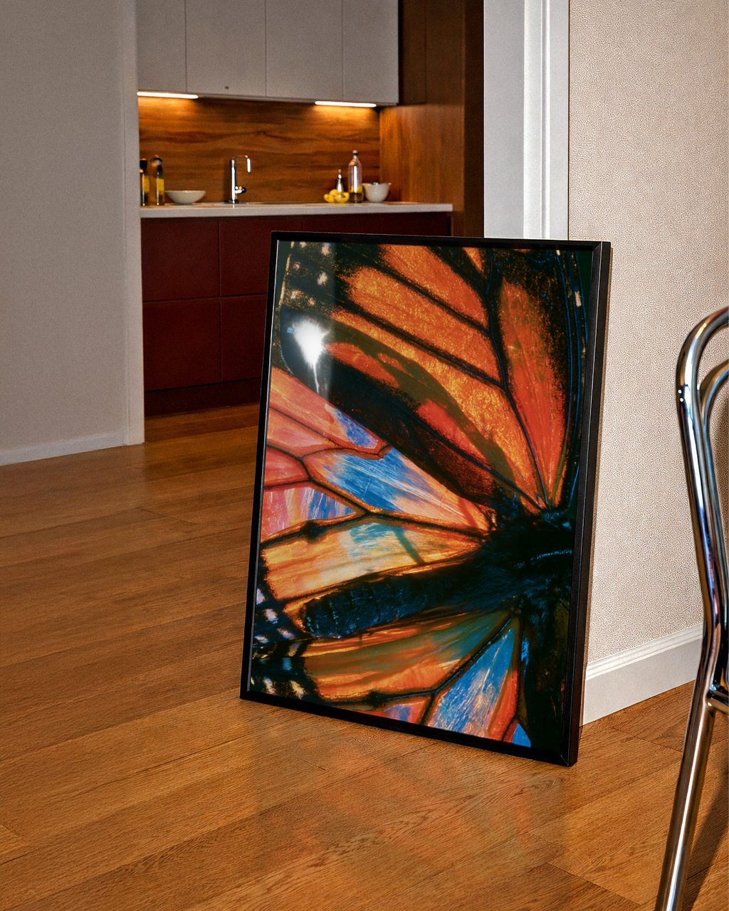 Butterfly Wing Close Up Poster, Macro Nature Photography Print, Orange Blue