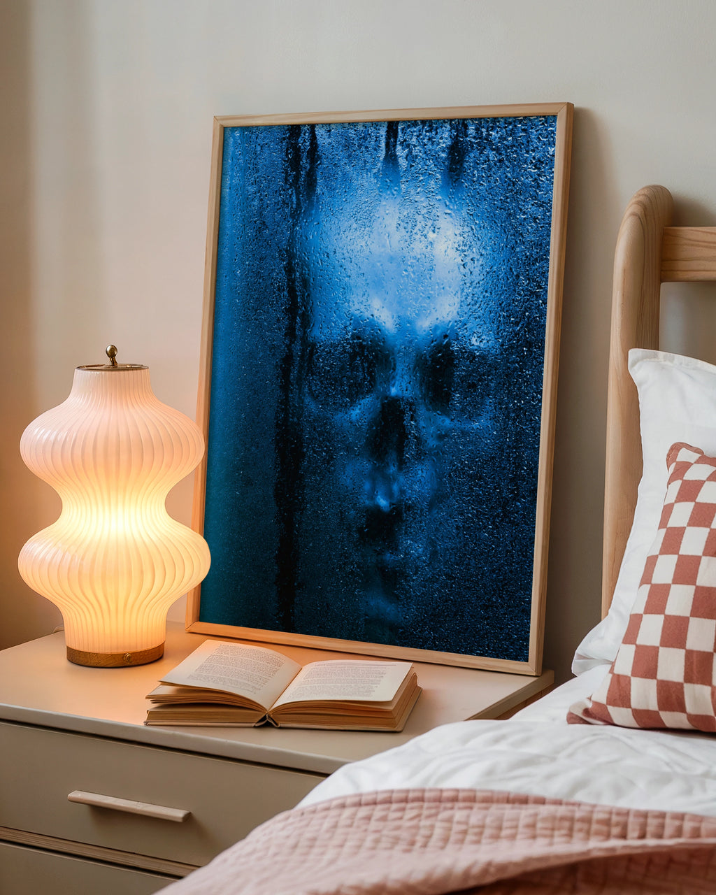 Skull Through Wet Glass Poster, Blue Gothic Wall Art, Dark Moody Print