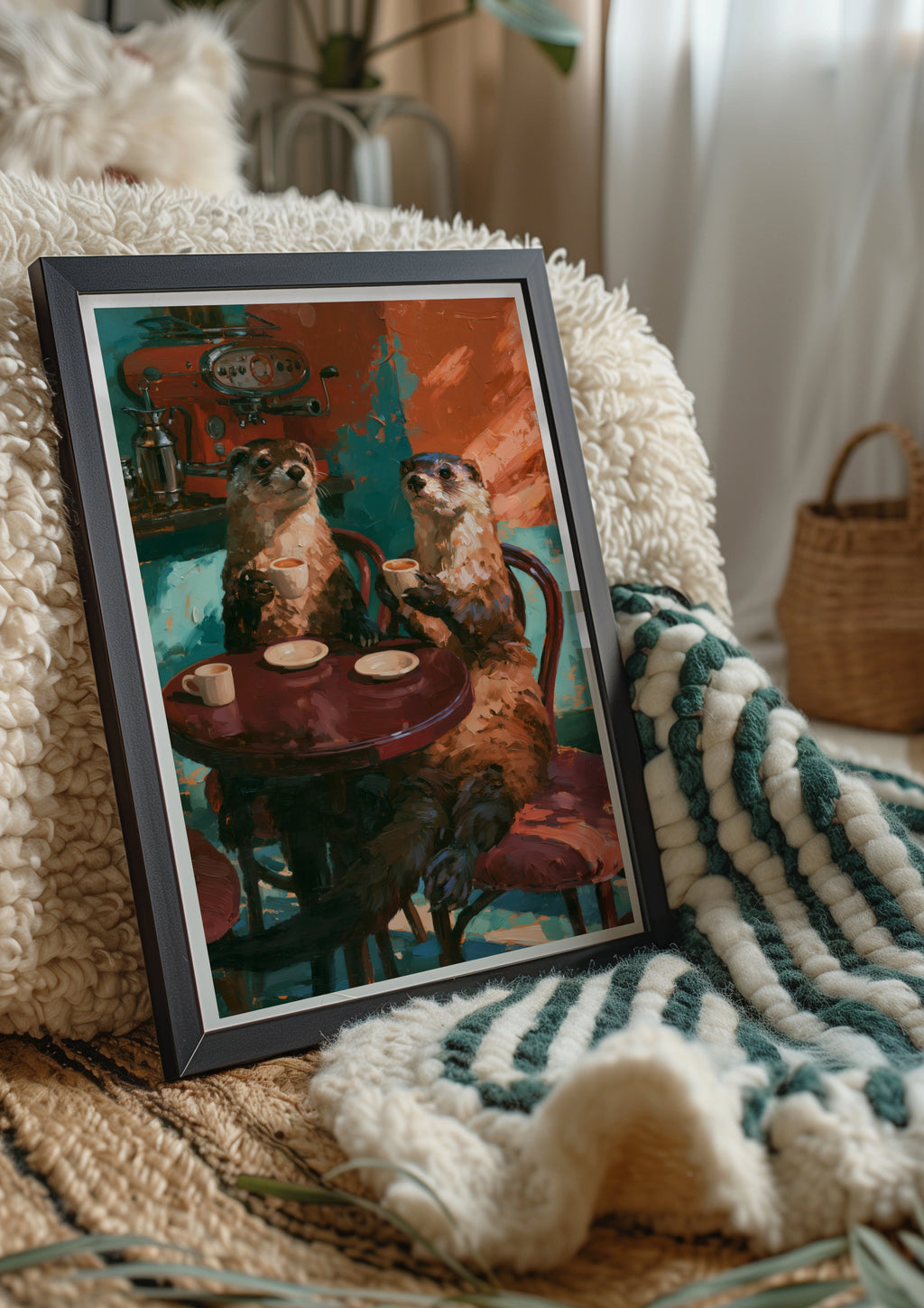 Otters Drinking Coffee Poster, Cafe Scene Wall Art, Oil Painting Style Print