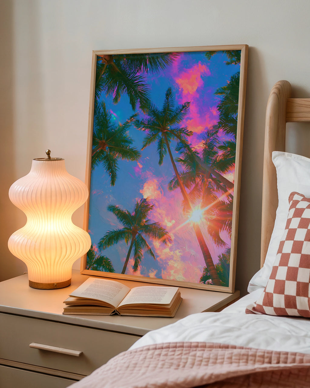 Palm Trees Sun Pink Clouds Poster, Tropical Sky Wall Art, Vibrant Sunset Print