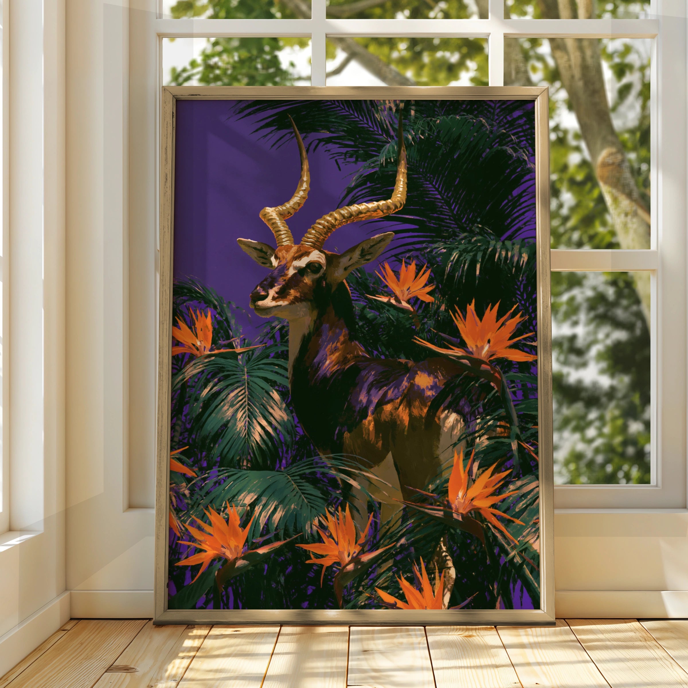 Antelope Tropical Flowers Poster, Bold Purple Wildlife Wall Art Print