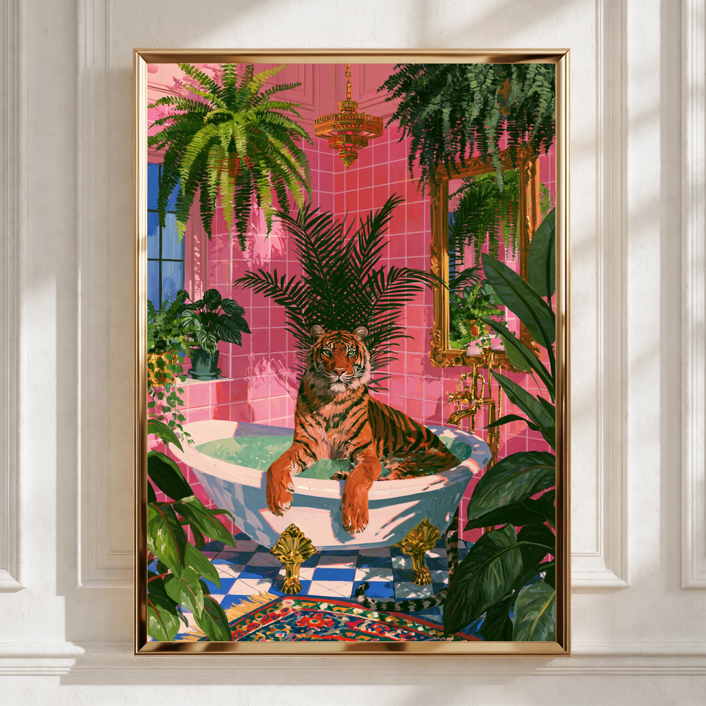 Tiger in Bath Pink Bathroom Poster, Tropical Plants Wall Art Print